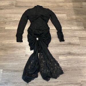 Murci Black Lace Mini Dress Long Sleeve Mock Neck Rhinestone Draped Back US 4
